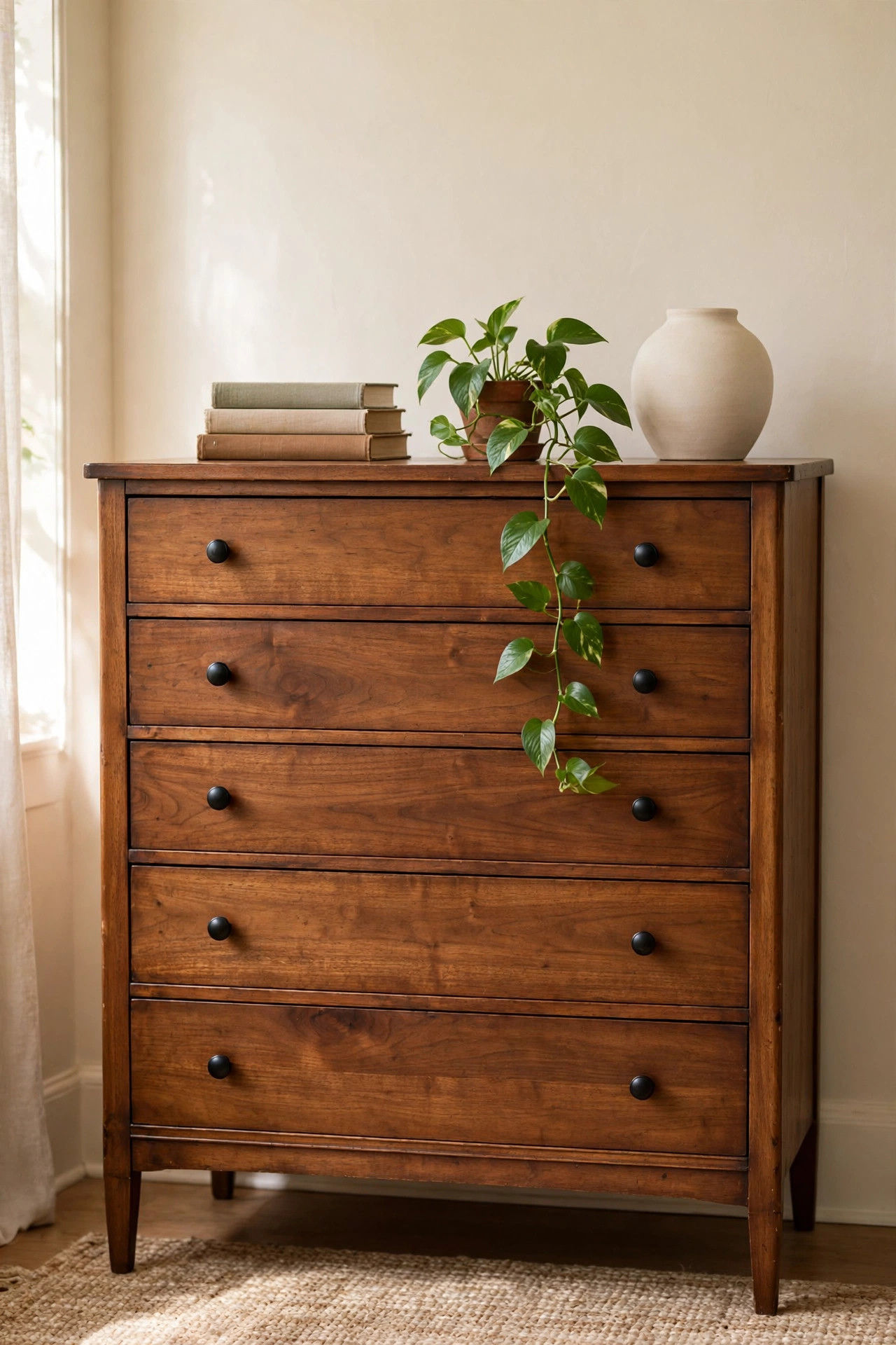 Refinished vintage dresser with walnut stain and black knobs, styled with books and a plant