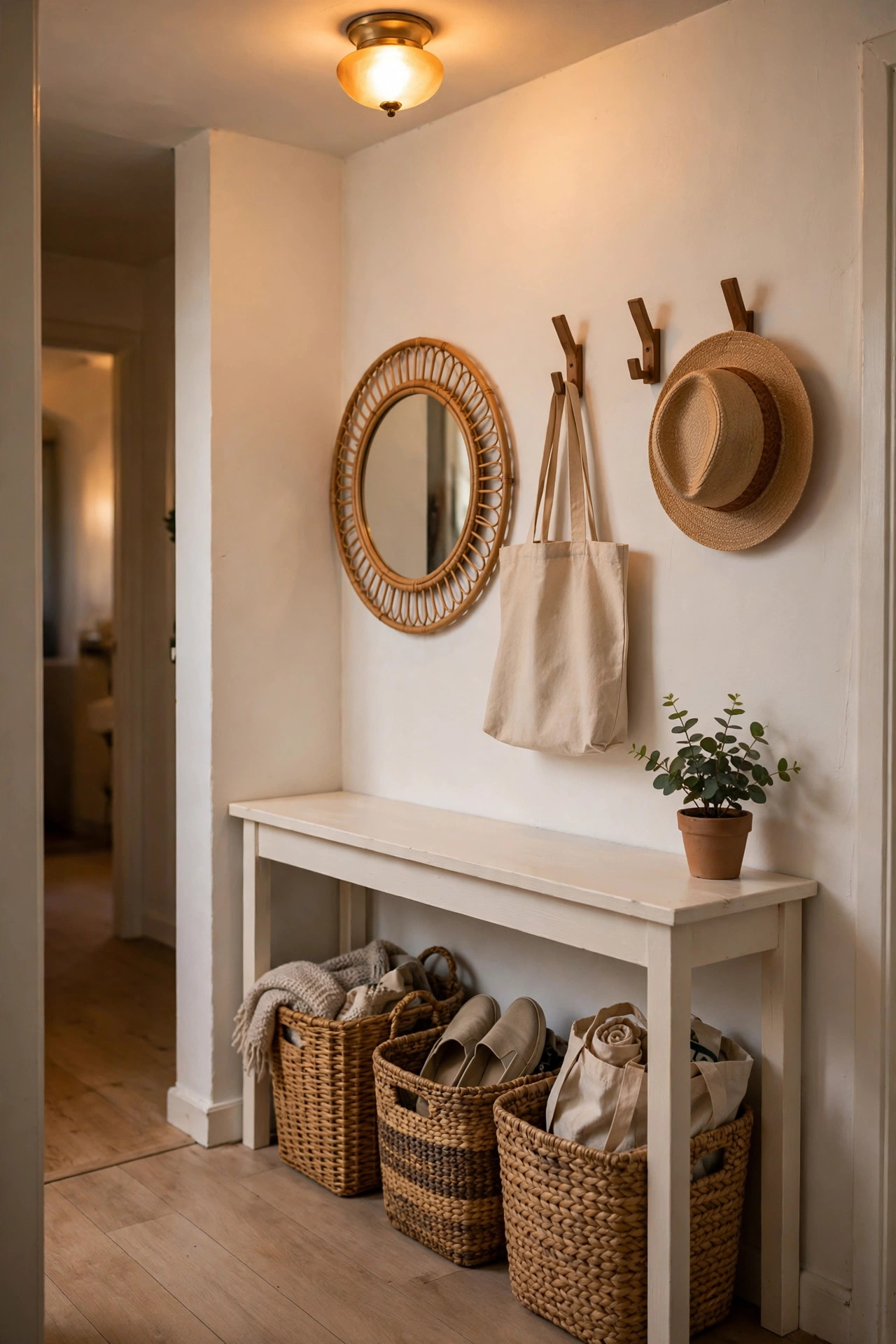 Small entryway with a white painted console table, round mirror, wall hooks, and baskets