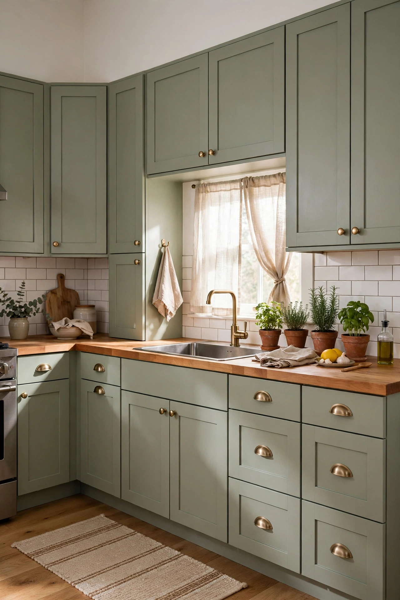 Kitchen with freshly painted sage green cabinets, brass handles, and butcher-block counters