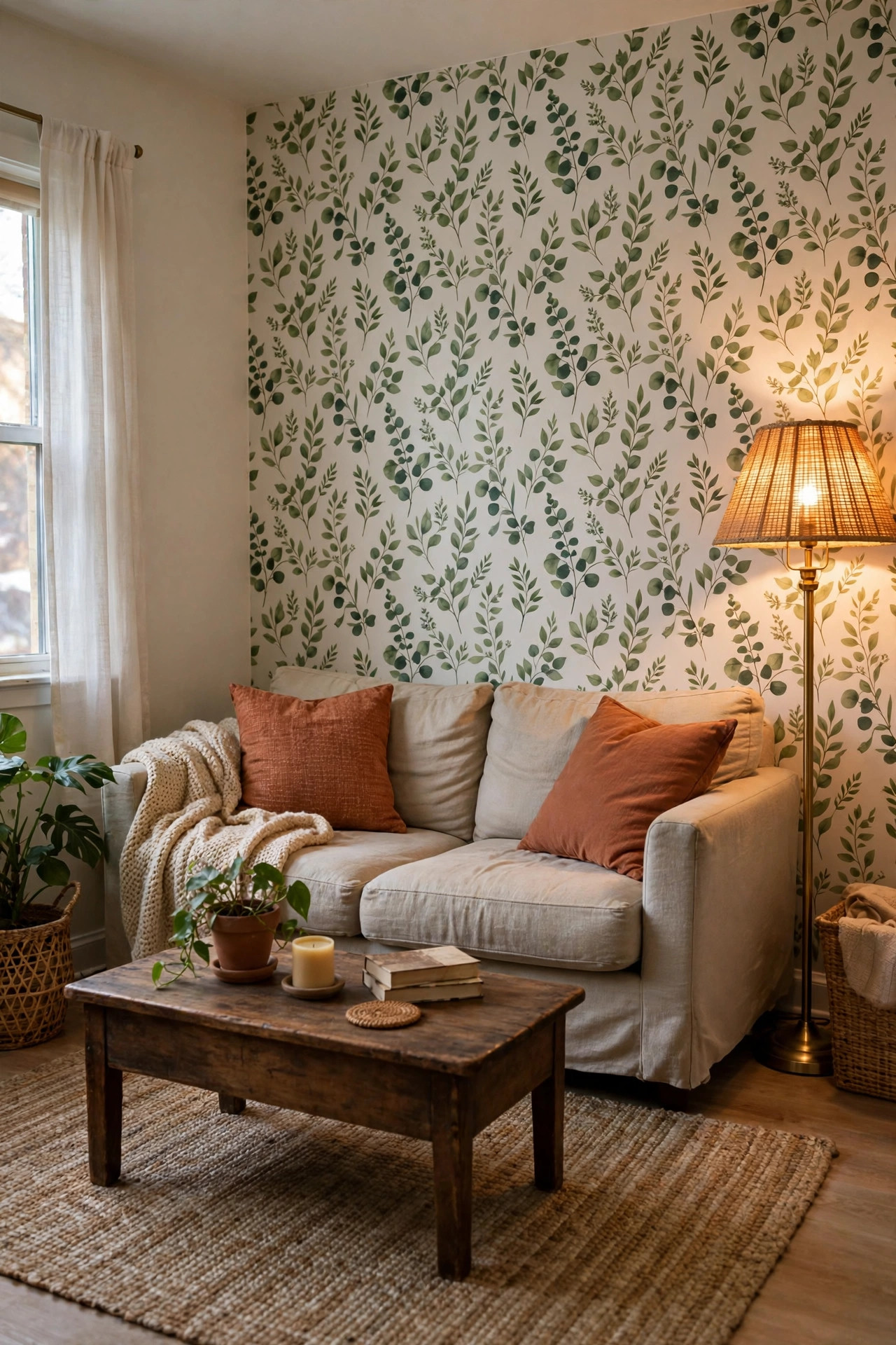 Cozy rental living room with botanical peel-and-stick wallpaper, thrifted sofa, and warm lamp light